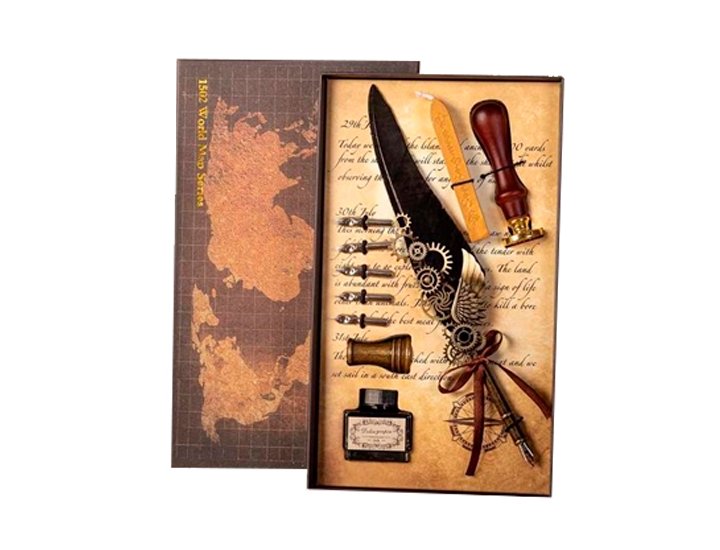 JUEGO ESCRITURA PLUMA AVE NATURAL NEGRA TINTERO Y PLUMILLAS MASTERPIECE