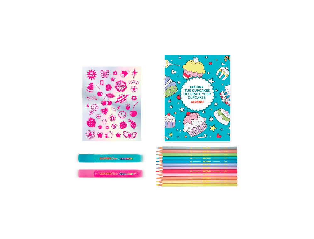 SET ALPINO CUPCAKES LAMINAS + 12 LAPICES ALPINO + 2 GLITTER GLUE