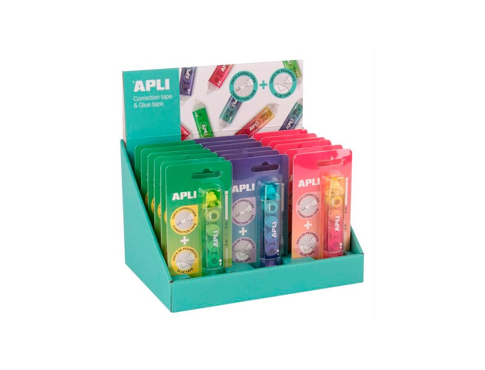 CINTA CORRECTORA + CINTA DE PEGAMENTO 2 EN 1 APLI COLOR MORADO/VERDE