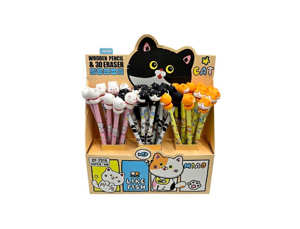 LAPIZ C/GOMA FIGURA GATOS 3 MODELOS SURTIDO