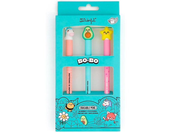 SET DE 3 BOLIGRAFOS GEL BORRABLE MR WONDERFUL BO-BO ESTRELLA-AGUACATE-UNICORNIO