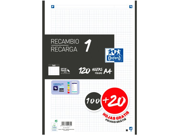 RECAMBIO OXFORD DINA4 4 TALADROS cuadricula 5X5 MM 100 Hojas NEGRO