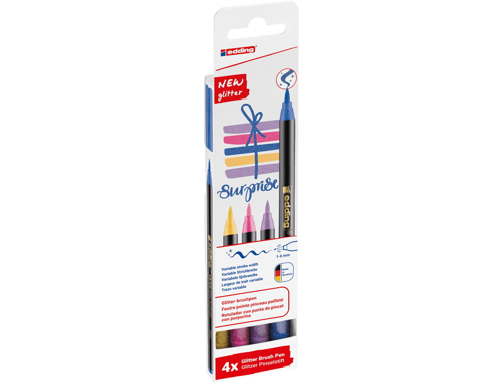 ROTULADOR EDDING PUNTA PINCEL 1340 PURPURINA CAJA DE 4 UNIDADES COLORES SURTIDOS