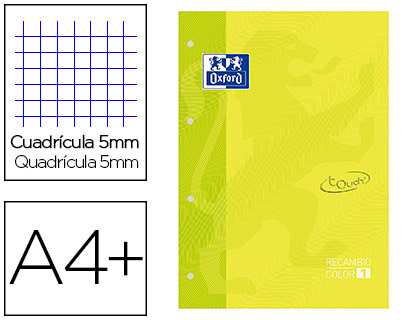 RECAMBIO COLOR 1 OXFORD DIN A4+ 80 HOJAS 90 GR CUADRICULA 5 MM TAPA BLANDA 4 TALADROS LIMA TOUCH
