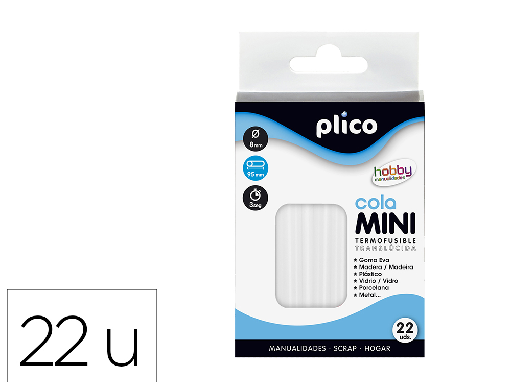 BARRA TERMOFUSIBLE PLICO MINI TRANSLUCIDA 8 MM DE DIAMERO X 100 MM DE ALTO BLISTER 22 UNIDADES