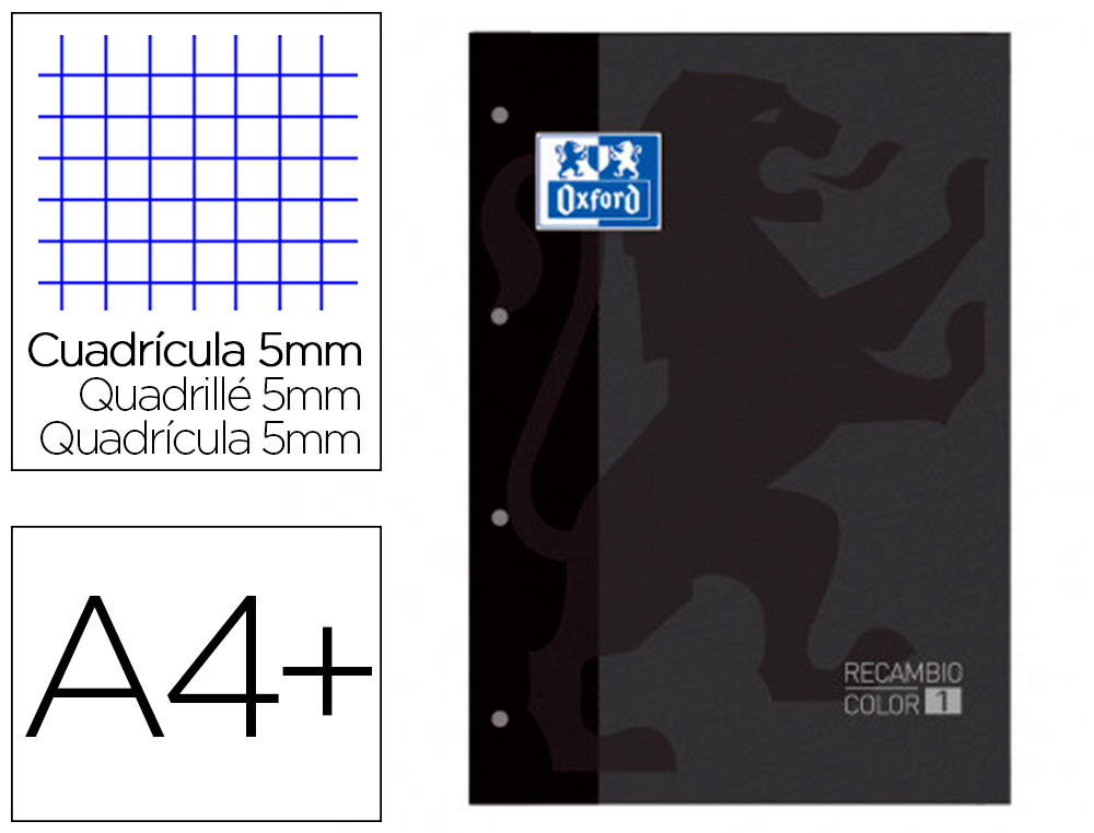 RECAMBIO COLOR 1 OXFORD DIN A4+ 80 HOJAS 90 GR CUADRO 5 MM 4 TALADROS COLOR NEGRO