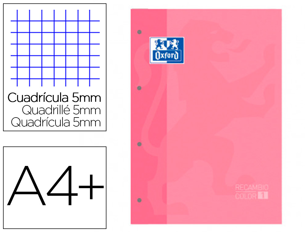 RECAMBIO COLOR 1 OXFORD DIN A4+ 80 HOJAS 90 GR CUADRO 5 MM 4 TALADROS COLOR ROSA CHICLE