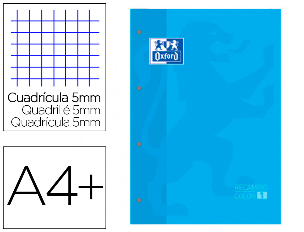 RECAMBIO COLOR 1 OXFORD DIN A4+ 80 HOJAS 90 GR CUADRO 5 MM 4 TALADROS COLOR TURQUESA