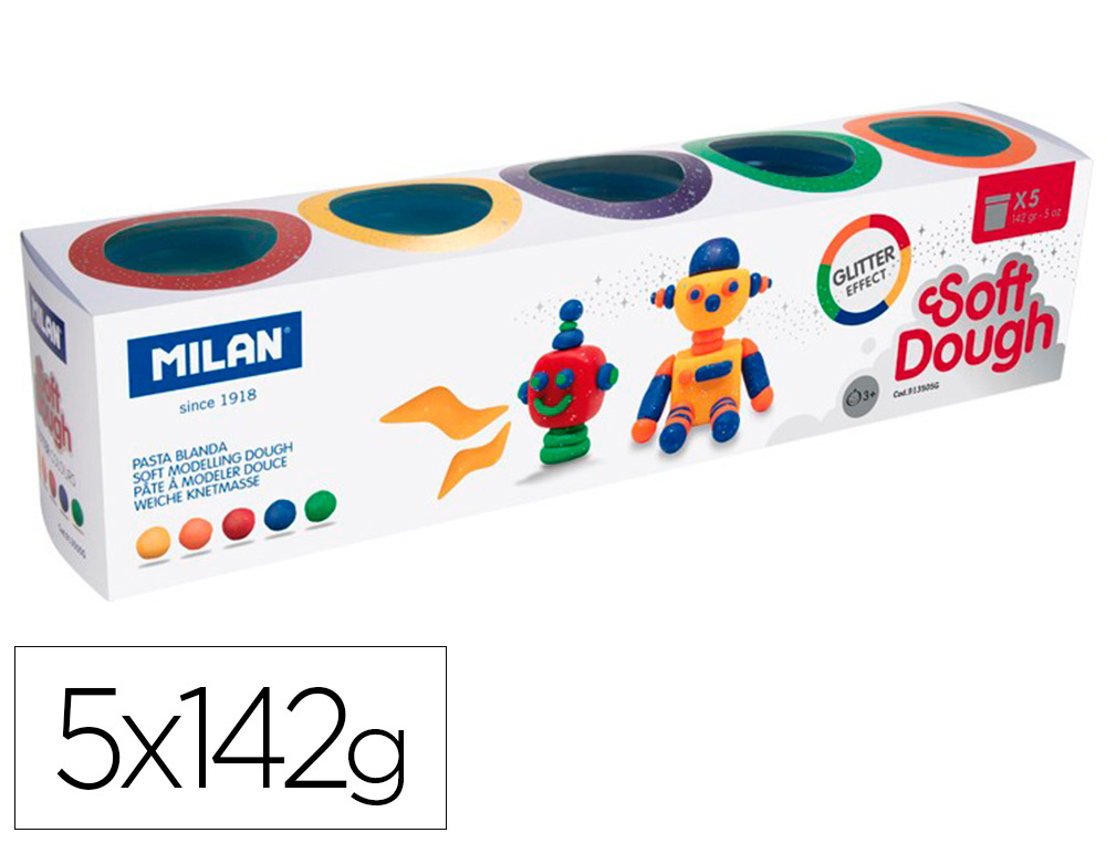 PASTA MILAN PARA MODELAR SOFT DOUGH GLITTER CAJA DE 5 BOTES COLORES SURTIDOS 142 G