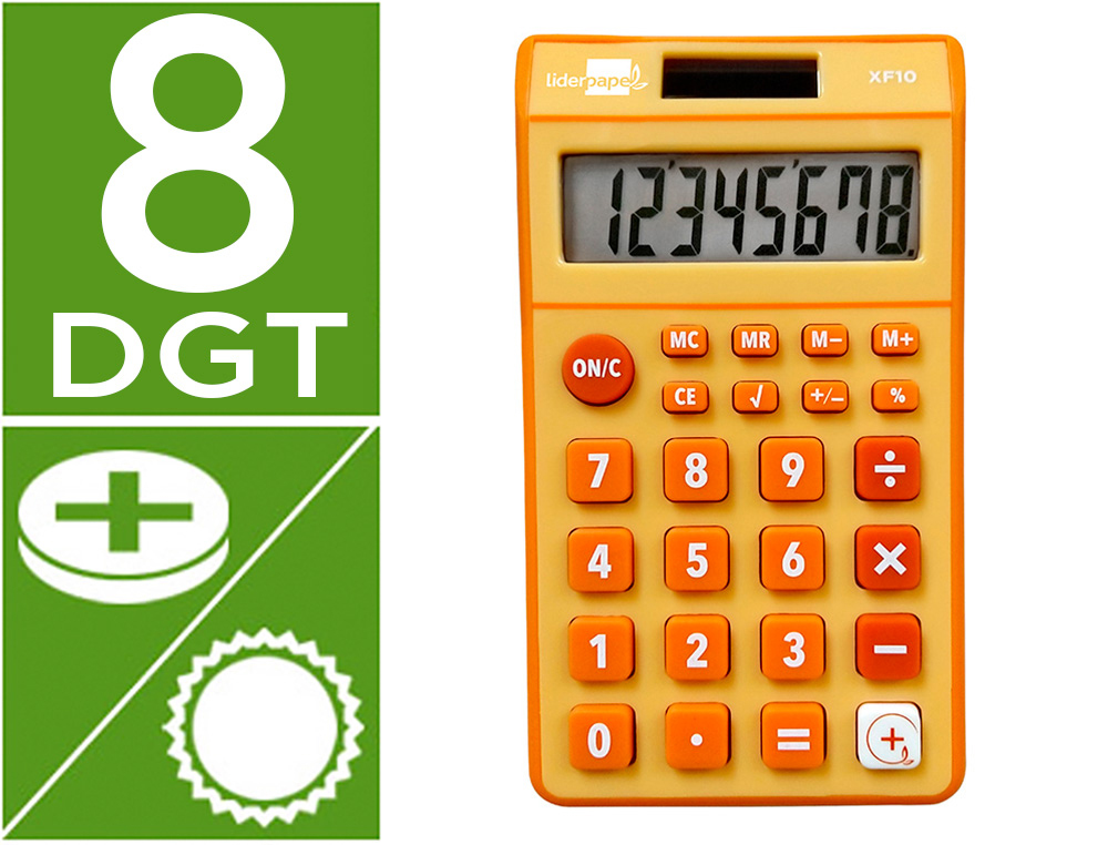 CALCULADORA LIDERPAPEL BOLSILLO XF10 8 DIGITOS SOLAR Y PILAS COLOR NARANJA 115X65X8 MM