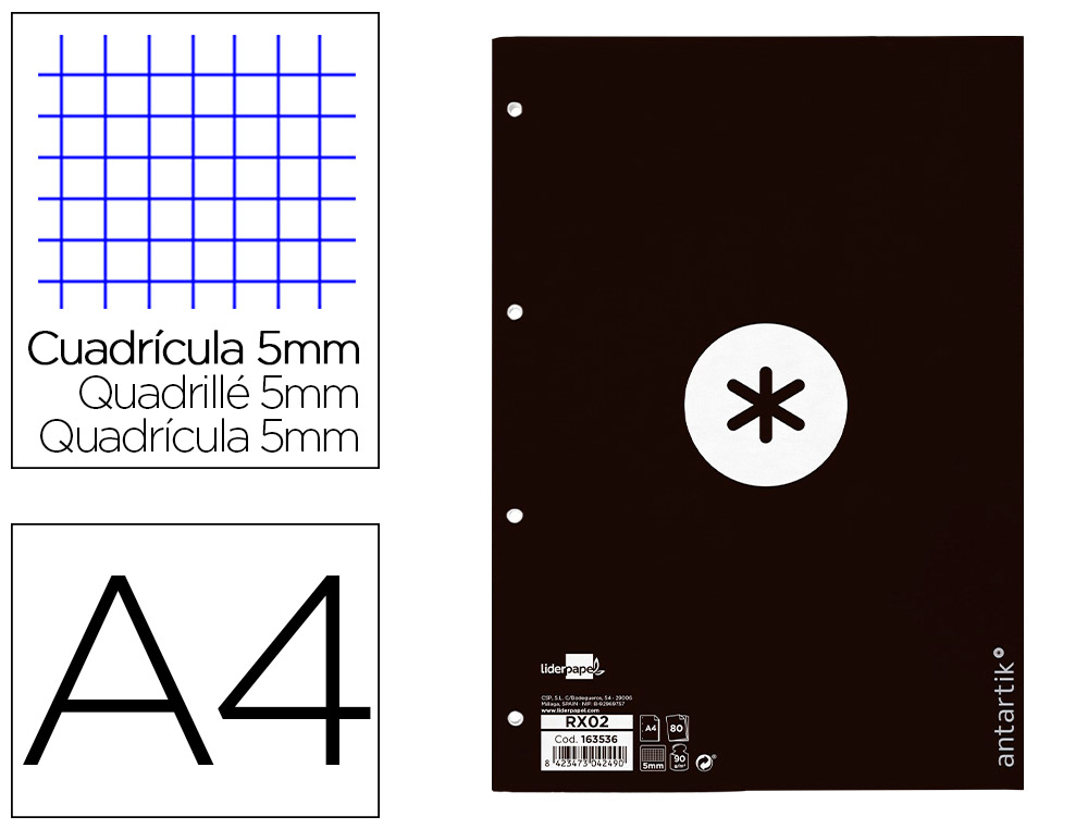 RECAMBIO A4 ANTARTIK 80 HOJAS 90G/M2 CUADRO 5 MM 4 TALADROS 1 BANDA MARCO COLOR NEGRO
