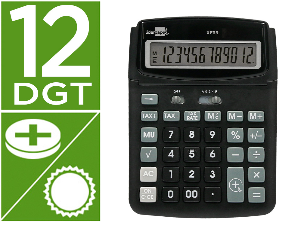 CALCULADORA LIDERPAPEL SOBREMESA XF39 12 DIGITOS SOLAR Y PILAS COLOR NEGRO 190X140X32 MM 40% RECICLADA