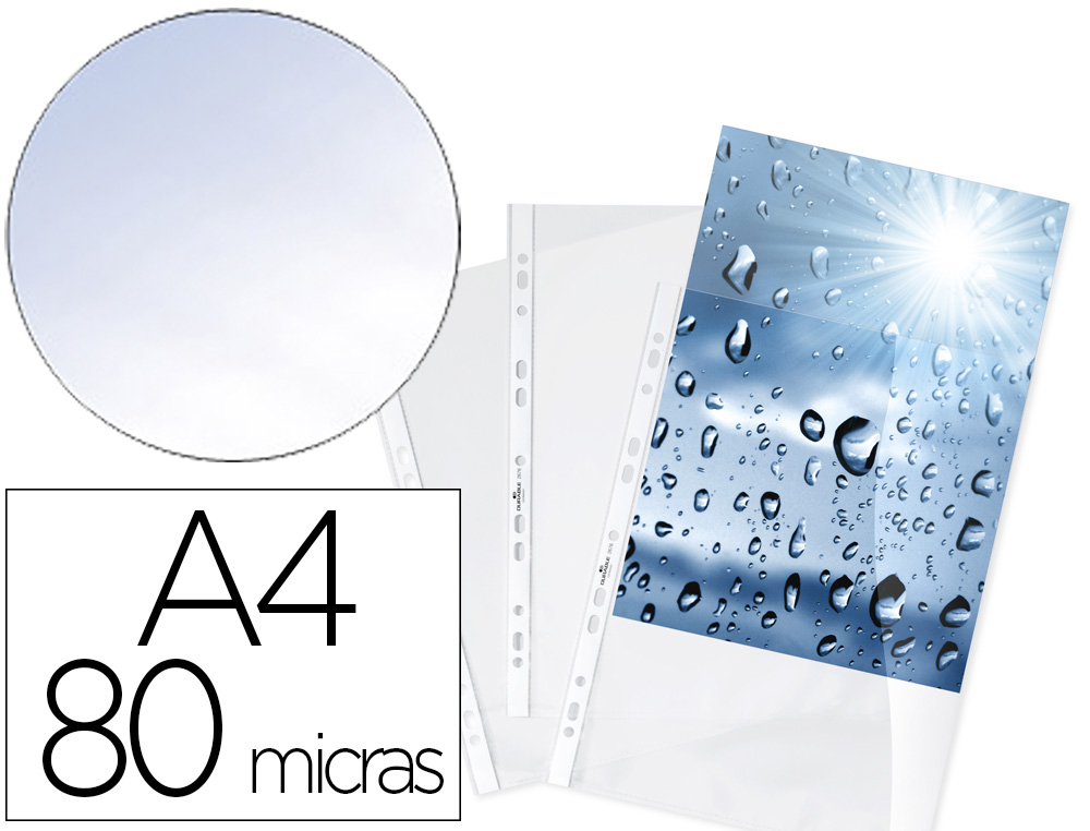 FUNDA MULTITALADRO DURABLE PREMIUM DIN A4 POLIPROPILENO 80 MC CRISTAL BOLSA DE 100 UNIDADES