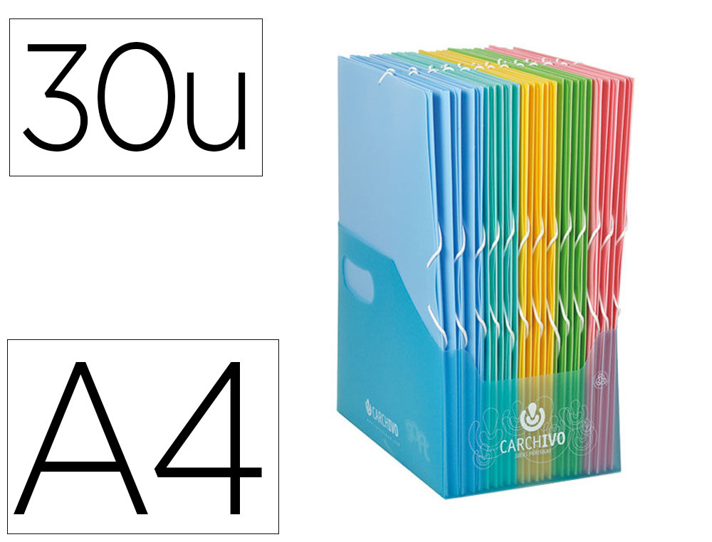 CARPETA CARCHIVO GOMAS POLIPROPILENO TRES SOLAPAS COLOR SOFT EXPOSITOR DE 30 UNIDADES COLORES SURTIDOS