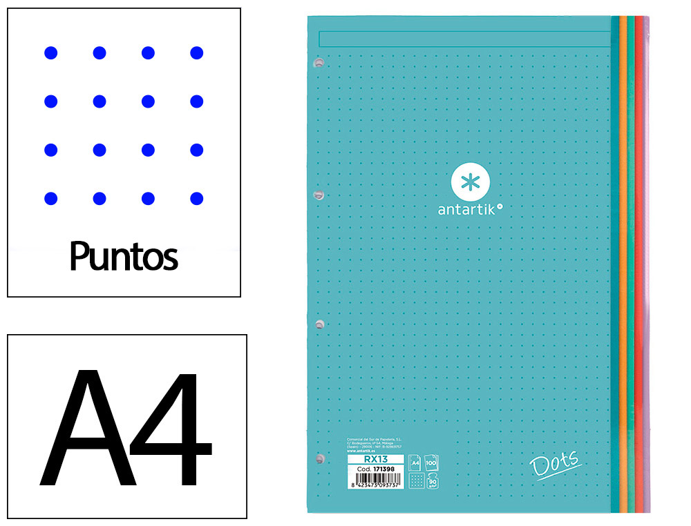 RECAMBIO ANTARTIK A4 100 HOJAS 90G/M2 PUNTOS DOTS 4 TALADROS BANDAS DE 5 COLORES