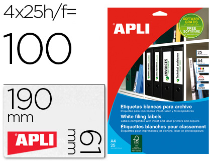 ETIQUETA ADHESIVA APLI 1233 TAMAO 190X61 MM PARA FOTOCOPIADORA LASER INK-JET CAJA 25 HOJAS CON 100