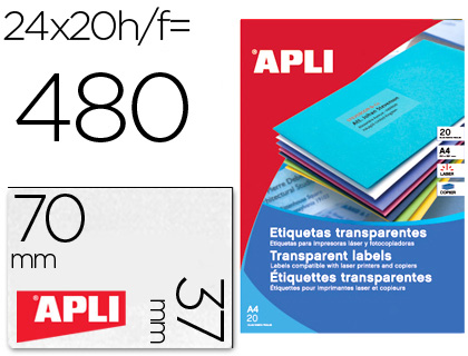 ETIQUETA ADHESIVA APLI 1224 TRANSPARENTES TAMAO 70X37 MM PARA FOTOCOPIADORA LASER CAJA 20 HOJAS CON 480 ETIQUETAS