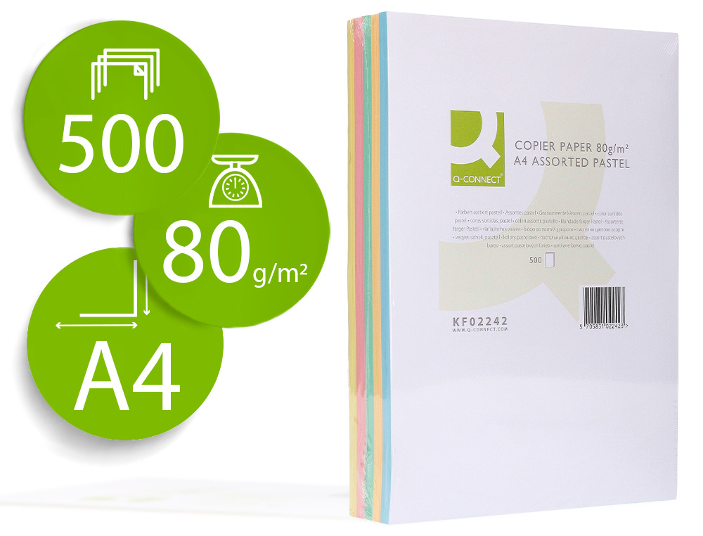 PAPEL COLOR Q-CONNECT DIN A4 80 GR 5 COLORES SURTIDOS PAQUETE DE 500 HOJAS