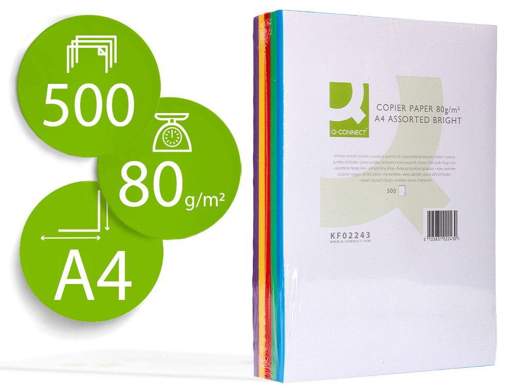 PAPEL COLOR Q-CONNECT DIN A4 80 GR 5 COLORES SURTIDOS INTENSOS PAQUETE DE 500 HOJAS