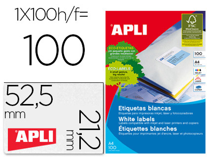 ETIQUETA ADHESIVA APLI 1284 TAMAO 52,5 X 21,2 MM PARA FOTOCOPIADORA LASER INK-JET CAJA CON 100 HOJAS DIN A4