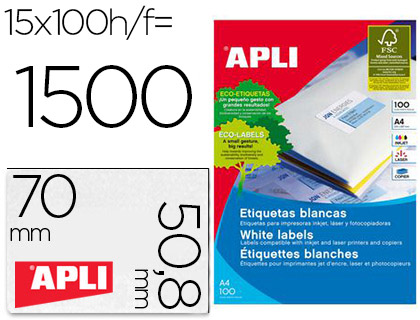 ETIQUETA ADHESIVA APLI 1295 TAMAO 70X50,8 MM FOTOCOPIADORA LASER INK-JET CAJA CON 100 HOJAS DIN A4