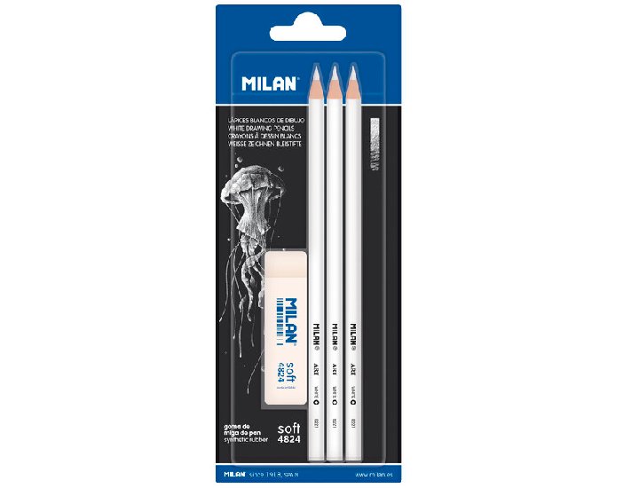 LAPIZ DE DIBUJO MILAN ART BLISTER DE 3 LAPICES BLANCOS Y GOMA DE BORRAR SOFT