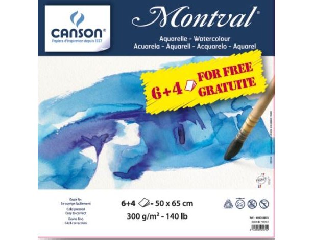 PAPEL ACUARELA MONTVAL 300GRS 50X65 G.FINO PACK 6+4 OFERTA