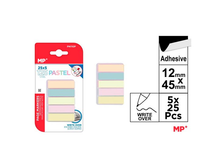 BLOC NOTAS ADHESIVAS 12MX45 mm PACK 25 Hojas x 5 Colores PASTEL