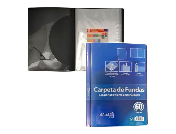 CARPETA FUNDAS DINA4 PERSONALIZABLE EN LA PORTADA Y EL LOMO OFFICE BOX NEGRA CON 60 FUNDAS