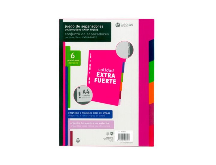 SEPARADORES DINA4 PLASTICO EXTRA 500 Micras COLORES FASHION 6 Pestaas CARCHIVO