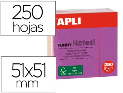 BLOC ADHESIVO 051X051 mm FUNNY NOTES MINI 250 HOJAS APLI COLORES INTENSOS