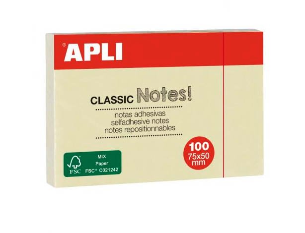 BLOC ADHESIVO 075X050 100 Hojas APLI CLASSIC AMARILLO