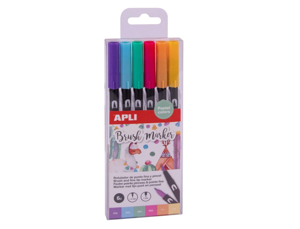 ROTULADOR BRUSH MARKER APLI PUNTA FINA + PUNTA PINCEL PACK 6 Colores Pastel