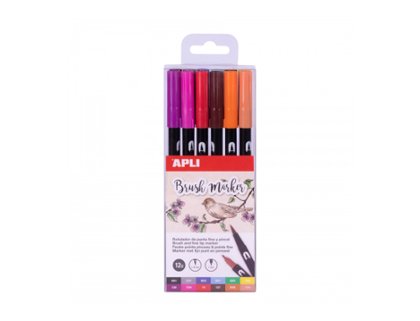 ROTULADOR BRUSH MARKER APLI PUNTA FINA + PUNTA PINCEL PACK 12 Colores