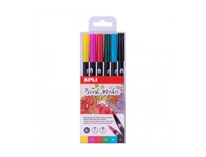 ROTULADOR BRUSH MARKER APLI PUNTA FINA + PUNTA PINCEL PACK 6 Colores Basicos
