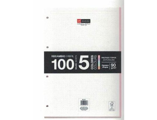 RECAMBIO DINA4 4 TALADROS 100 HOJAS 90 Gramos Miquel Rius 5 COLORES PUNTEADO