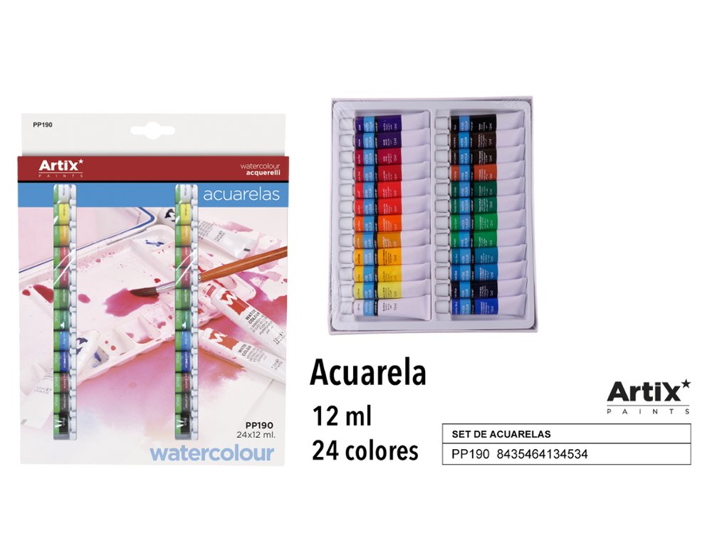 ACUARELA EN TUBO 12 ML CAJA 24 COLORES ARTIX