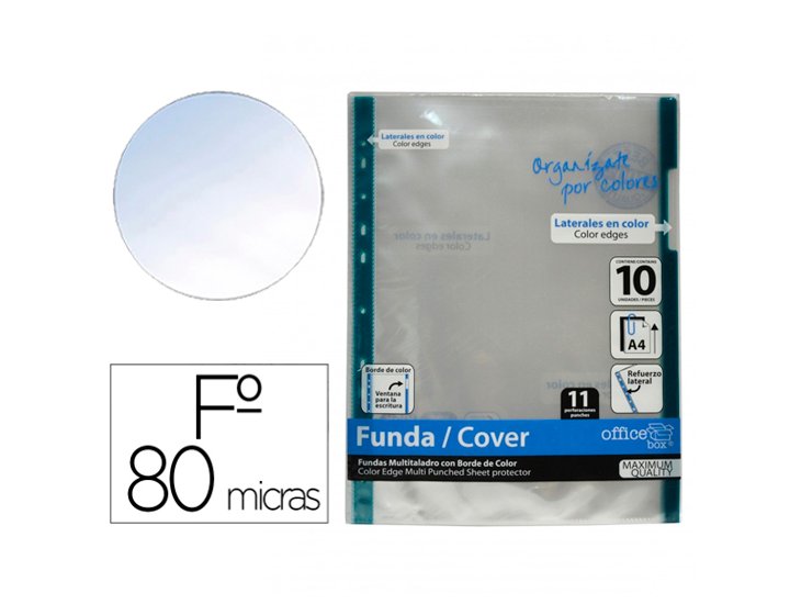 FUNDA MULTITALADRO FOLIO PACK 10 Unidades 80 Micras OFFICE BOX VERDE