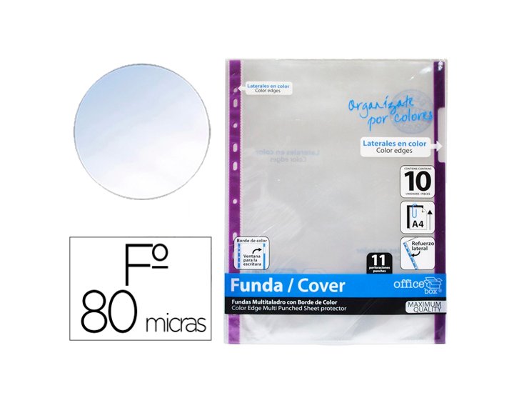 FUNDA MULTITALADRO FOLIO PACK 10 Unidades 80 Micras OFFICE BOX MORADO