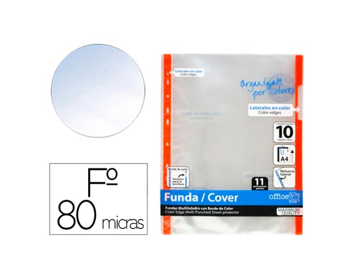FUNDA MULTITALADRO FOLIO PACK 10 Unidades 80 Micras OFFICE BOX NARANJA