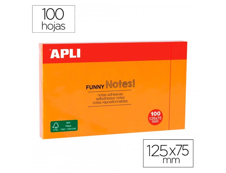 BLOC ADHESIVO 075X125 100 Hojas APLI FLUOR NARANJA
