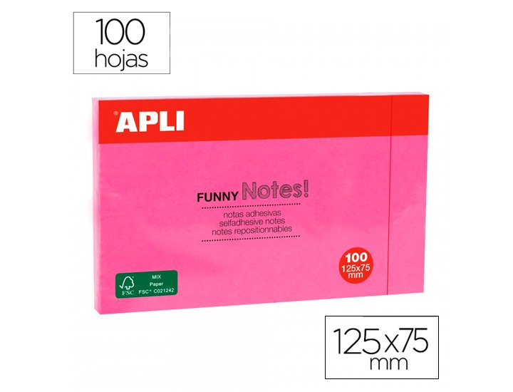 BLOC ADHESIVO 075X125 100 Hojas APLI FLUOR FUCSIA
