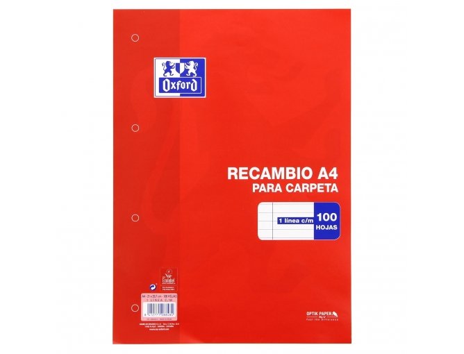 RECAMBIO DINA4 OXFORD 4 TALADROS 100 Hojas RAYADO HORIZONTAL