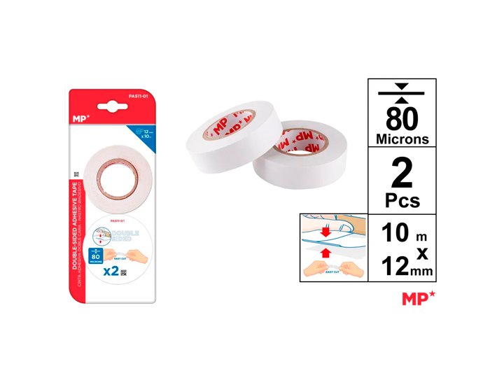 CINTA ADHESIVA DOBLE CARA 10MX12MM Pack 2 Rollos  80 micras