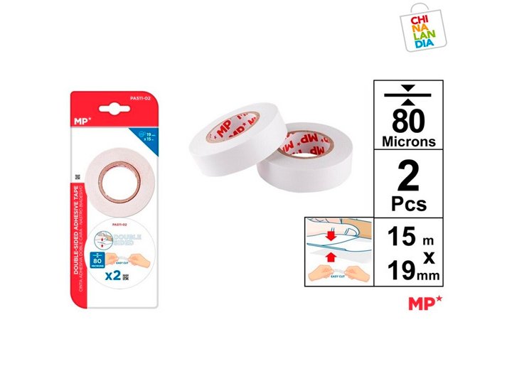 CINTA ADHESIVA DOBLE CARA 15MX19MM Pack 2 Rollos  80 micras