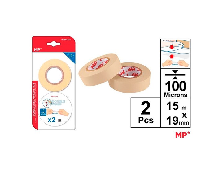 CINTA ADHESIVA DOBLE CARA 15MX19MM Pack 2 Rollos 100 micras