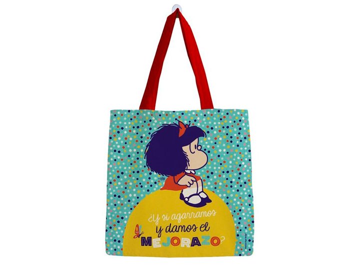 BOLSA TELA CON ASA ALGODON GRANDE MAFALDA TURQUESA PUNTITOS