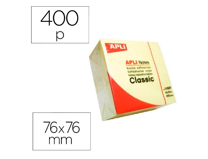 BLOC DE NOTAS ADHESIVAS 075X075 MM CUBO 400 HOJAS APLI AMARILLO