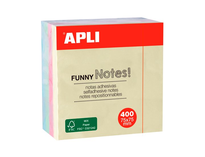 BLOC DE NOTAS ADHESIVAS 075X075 MM CUBO 400 HOJAS APLI FUNNY COLORES PASTEL