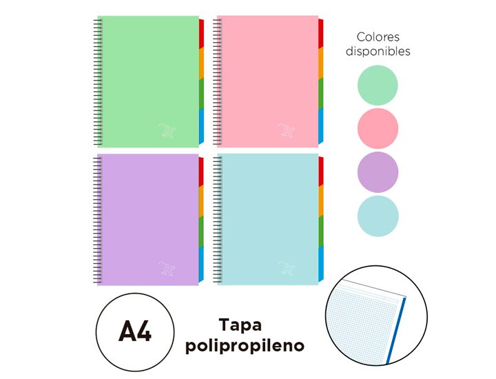 BLOC ESPIRAL DINA4 120 HOJAS 4 SEPARADORES PASTEL SURTIDO